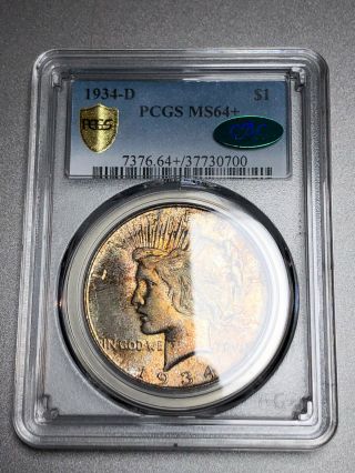 1934 - D Peace Dollar $1 PCGS MS64,  CAC - Colorful Rainbow Toning 5