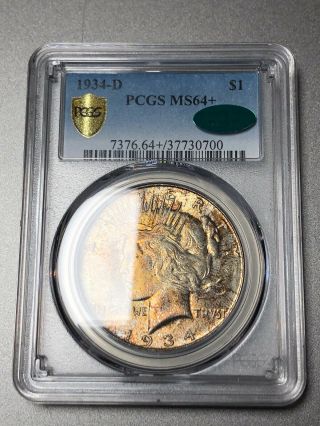 1934 - D Peace Dollar $1 PCGS MS64,  CAC - Colorful Rainbow Toning 7
