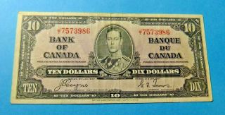 1937 Bank Of Canada 10 Dollar Note - Grade Vf