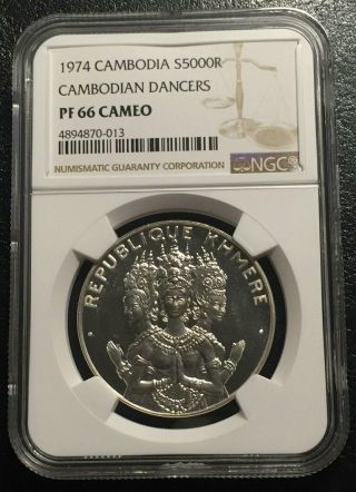 Cambodia 5000 Riels 1974 Silver Ngc Pf66ca Cambodian Dancers