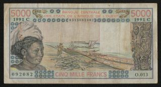 West African States (p308co) 5000 Francs 1991 F,  Burkina Faso