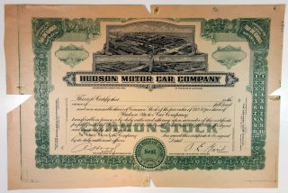 Mi.  Hudson Motor Car Co.  1920 - 30 Proof Stock Certificate 100 Shrs Xf Hbnc Green