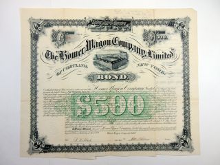 Ny.  Homer Wagon Co.  Ltd. ,  1889 $500 I/u 6 Bond,  Fine - Vf Certificate