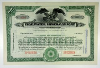 Nc.  Tide Water Power Co,  1930 100 Shrs Pref Stock Specimen Certificate,  Xf