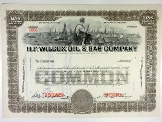 Ok.  H.  F.  Wilcox Oil & Gas Co. ,  1918 100 Shrs Specimen Stock Cert,  Xf Rbnc