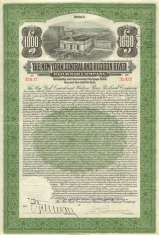 1913 York Central Hudson River Railroad Stock $1,  000 Bond With Coupons