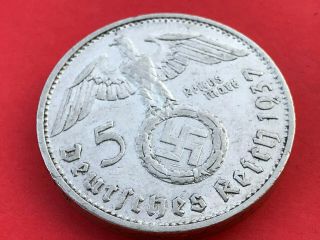 German Nazi Silver Coin 1937 G 5 Reichsmark.  900 Silver Big Swastika