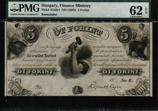 Tt Pk S143r1 1852 Hungary 5 Forint Finance Ministry Pmg 62 Epq Unicrculated