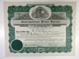 Il.  International Press Bureau,  1916 35 Shrs Capital Stock I/u Certificate,  Xf