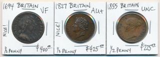 ,  Outstanding,  1694 1827 & 1855 British Half Pennies Cv $1000,  Usd No Rsrv