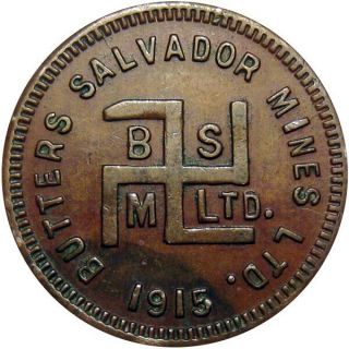 1915 El Salvador Good For Token Butters Salvador Mines 2 Reales Copper Swastika
