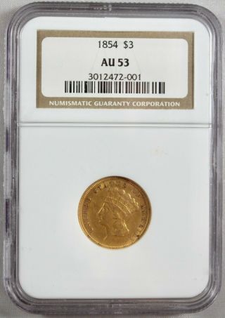 1854 $3 United States Ngc Au 53 Indian Princess Head Gold Coin