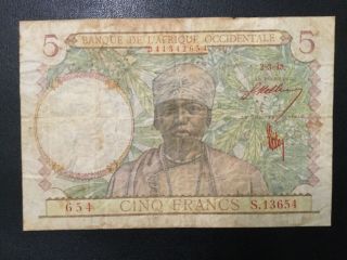 1943 West Africa Paper Money - 5 Francs Banknote