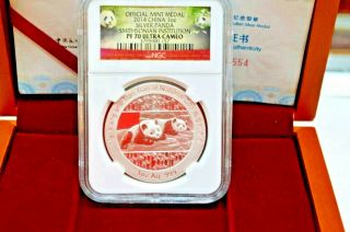 2014 China 1 Oz Silver Panda Medal Ngc Pf 70 Ultra Cameo Ogp Smithsonian Ins.