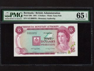 Bermuda:p - 29b,  5 Dollars,  1981 Queen Elizabeth Ii Pmg Gem Unc 65 Epq