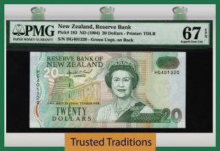 Tt Pk 183 Nd (1994) Zealand $20 " Queen Elizabeth Ii " Pmg 67 Epq None Finer