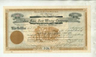 1892 San Juan Gold Mining Company Washington Stock Certificate