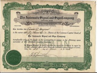 Stock Certificate Automatic Signal & Sign Company 1925 State Of Ohio To E.  Mayer