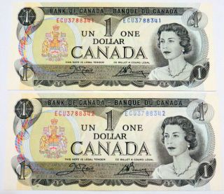 2 Consecutive 1973 Bank Of Canada $1 One Dollar Bill Uncirculated Unc