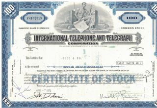 International Telephone & Telegraph Corp.  Certificate Of Stock 02 Itt