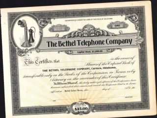 Bethel Telephone Co,  Bethel School House,  Ok,  191 -,  Unissued Stock Certificate