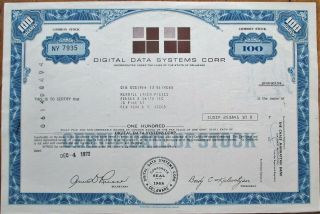 Digital Data Systems Corp.  1972 Computer Stock Certificate To Merrill Lynch