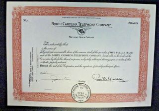 {bjstamps} North Carolina Telephone Company Unissued Stock Certificate