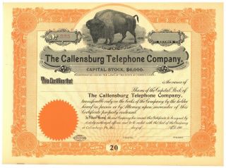 Callensburg Telephone Company.  Stock Certificate.  Pennsylvania