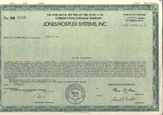 Common Stock Purchase Warrant Jones/hosplex Systems,  Inc.  1983 York