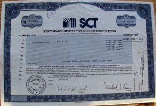 Stock Certificate Sct Systems & Computer Technology Corporat.  State Of Delaware