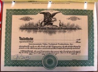 Stock Certificate Intermountain Video Technical Productions,  Inc.  State Of Utah