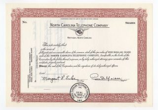 North Carolina Telephone Company Stock Certificate