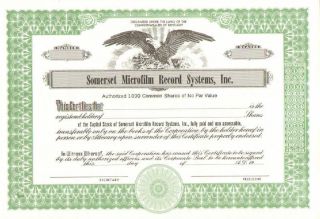 Somerset Microfilm Record Systems Inc.  19_ Kentucky Share Stock Certificate