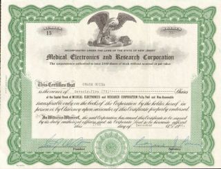 Medical Electronics And Research Corporation Jersey Stock Certificate