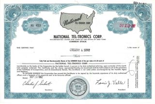 National Tel - Tronics Corp 1962 York Old Stock Certificate Share