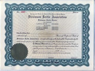 Dickinson Radio Association Stock Certificate S.  D