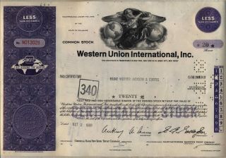 Western Union International Stock Certificate Purple