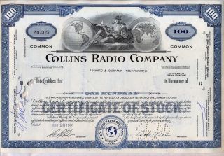 Collins Radio Company Stock Certificate Rockwell Cedar Rapids Iowa Blue