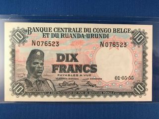 Congo Belge Ruanda Urundi Banknote 10 Francs 1955 Belgian Congo Unc Crisp
