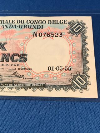 Congo Belge Ruanda Urundi Banknote 10 Francs 1955 Belgian Congo UNC Crisp 3