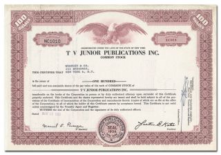 Tv Junior Publications Inc.  Stock Certificate (tv Guide For Kids)