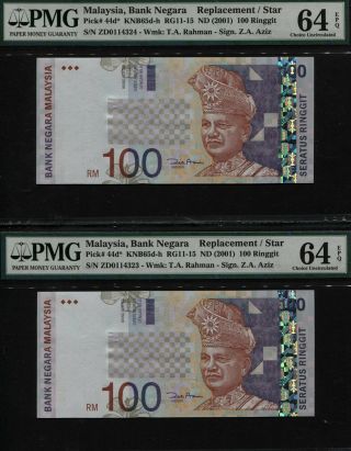 Tt Pk 44d 2001 Malaysia 100 Ringgit " T.  A.  Rahman " Pmg 64q Seq Set Of Two Notes