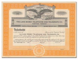 Lake Morey Telephone And Telegraph Company Stock Certificate (vermont)