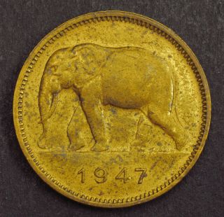 1947,  Belgian Congo.  Brass 2 Francs " Elephant " Coin.  Vf - Xf