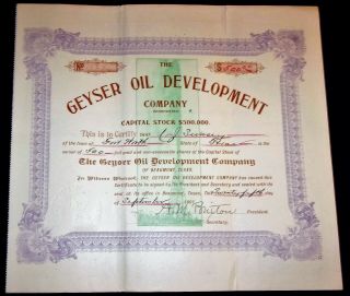 1901 Stock Certificate Geyser Oil Development Company Beaumont Texas