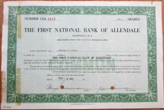 Allendale,  Nj First National Bank 1960 Stock Certificate - Jersey