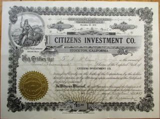 Stockton,  California Ca 1927 Bank Stock Certificate - Citizens Investment Co.