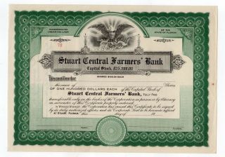Stuart Central Farmers Bank Stock Certificate - Florida