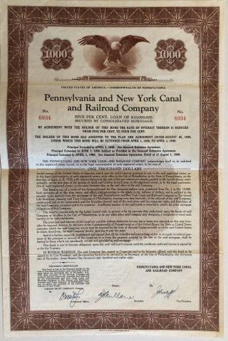 1888 Pennsylvania And York Canal And Railroad Co $1,  000 Bond Certificate