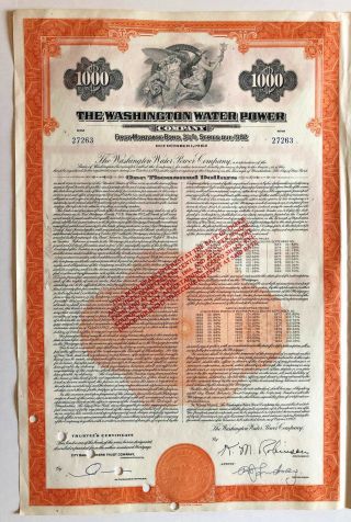 Washington Water Power Company $1,  000 Bond Certificate With Coupons